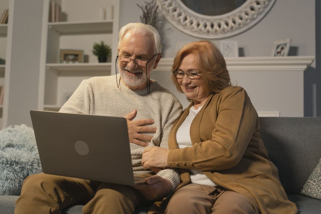 An older couple on a video call with their family, who follow the care plan from another state