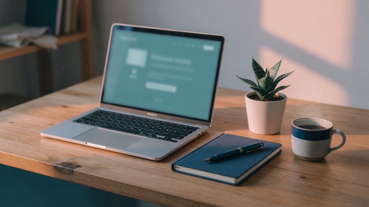 A quiet home desk in afternoon light: an open laptop with a soft teal glow, a notebook, and a cup of tea.