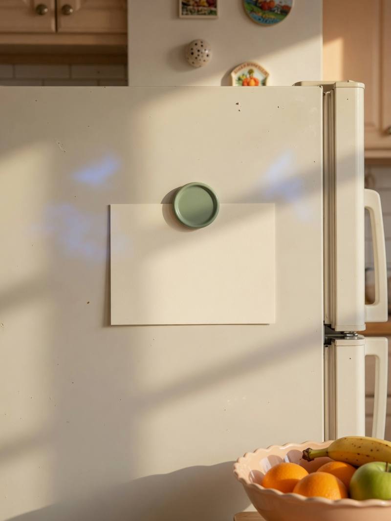 A cream refrigerator in a sunlit kitchen, with a blank card on the door — the place a fridge card lives.