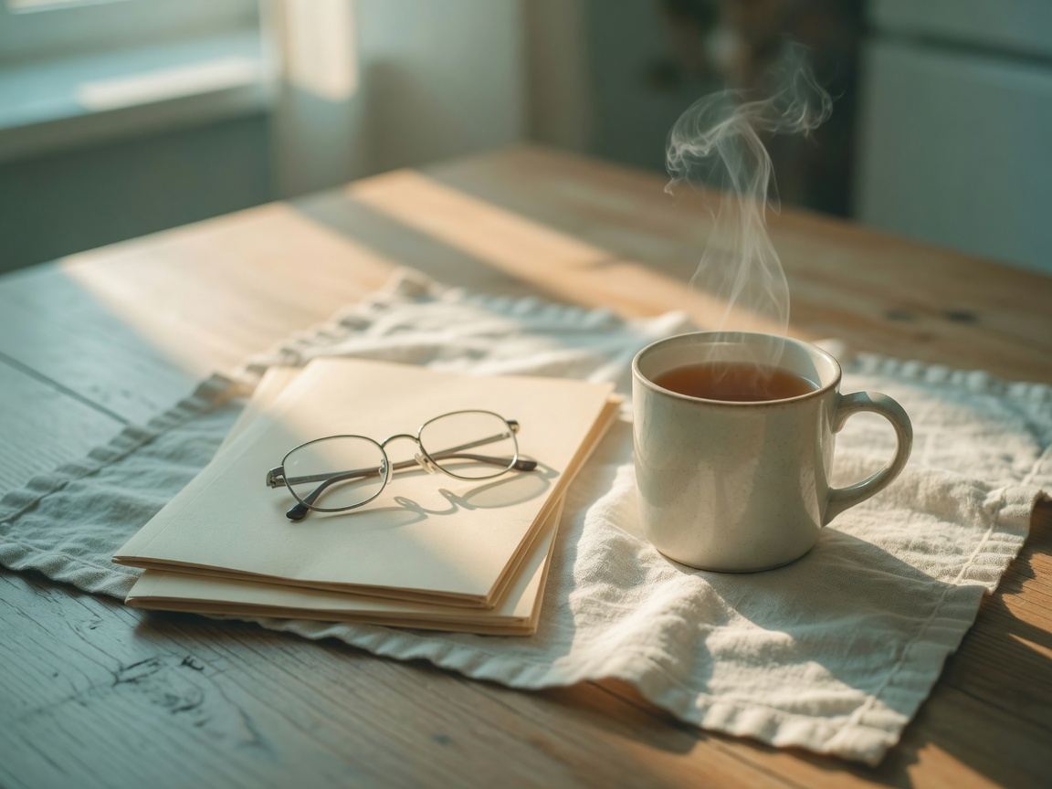 A kitchen table in morning light: a stack of folders, reading glasses, and a mug of tea.